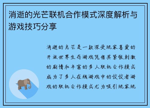 消逝的光芒联机合作模式深度解析与游戏技巧分享